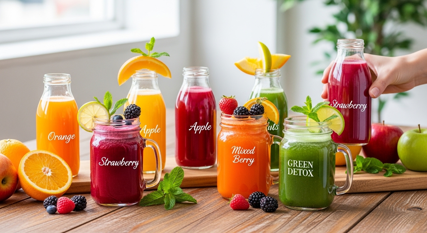 Fresh juices like orange, carrot, green, and beetroot