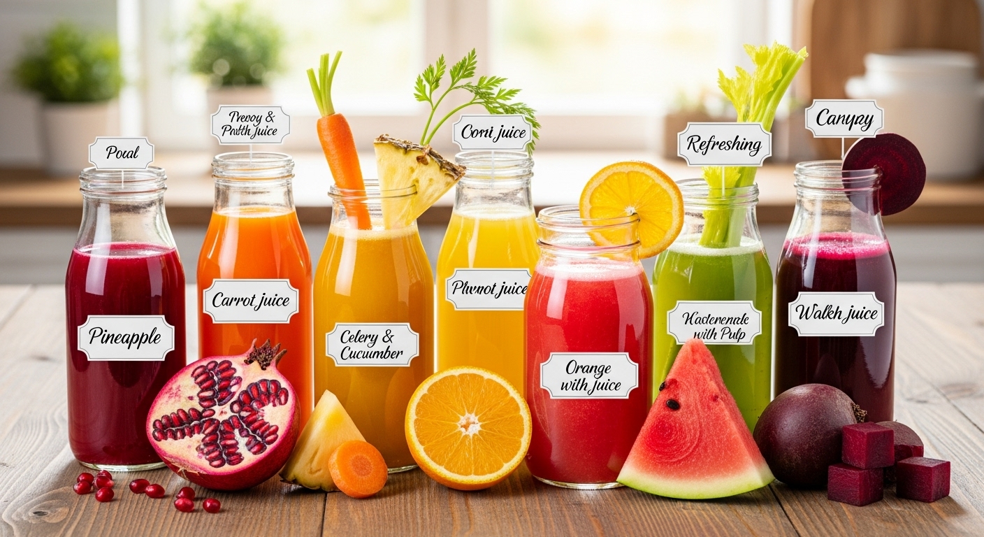 Assorted glasses of fresh juices - citrus, green, berry, and tropical