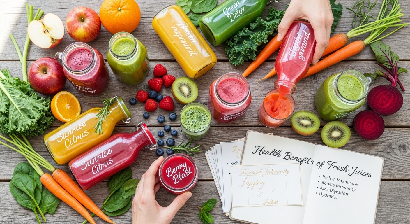 Assorted glasses of fresh juices - citrus, green, berry, and tropical