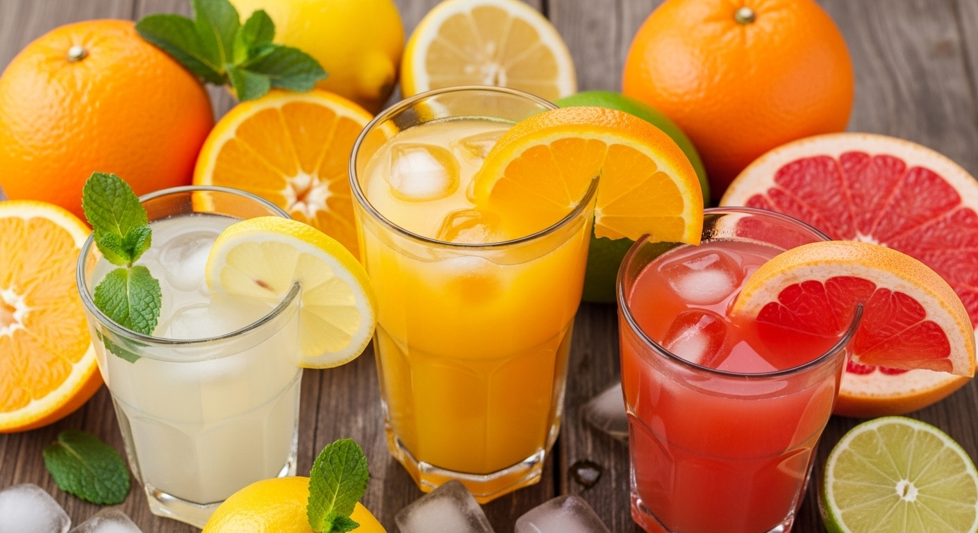 Assorted glasses of fresh juices - citrus, green, berry, and tropical