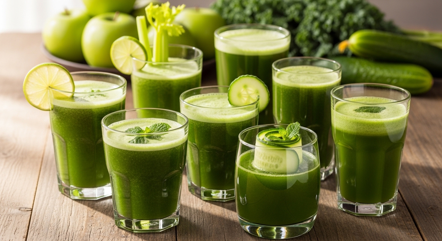 Green juice made from spinach, cucumber, and mint