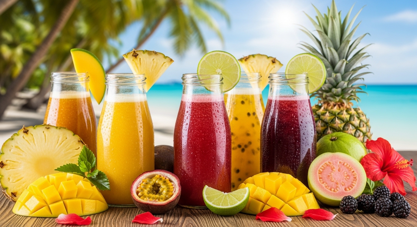 Tropical juice made with mango, pineapple, papaya, and coconut water