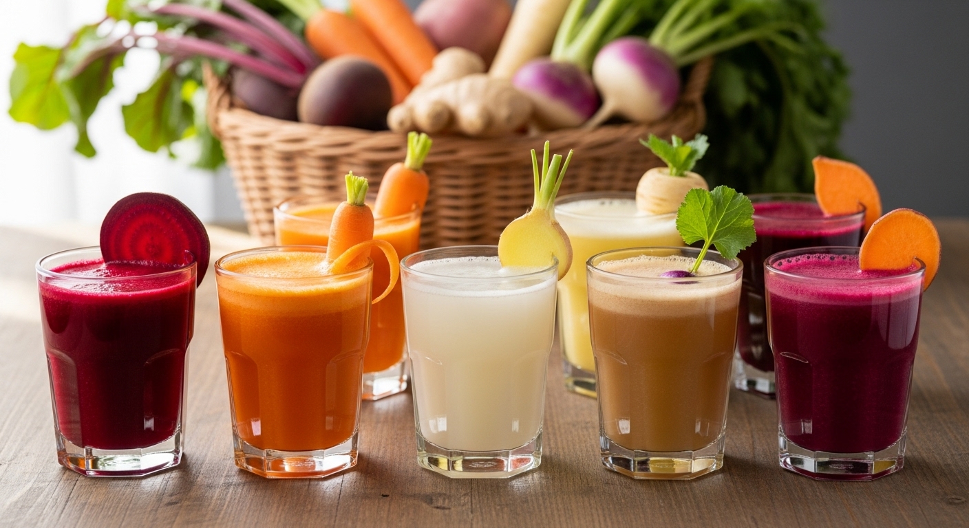 Root-based juice made with carrots, beetroot, ginger, and turmeric