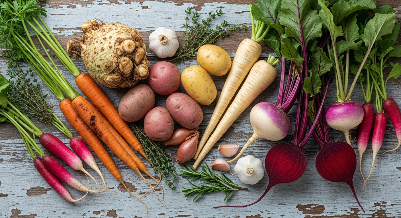 Carrots, beets, and sweet potatoes, nutrient-rich root vegetables