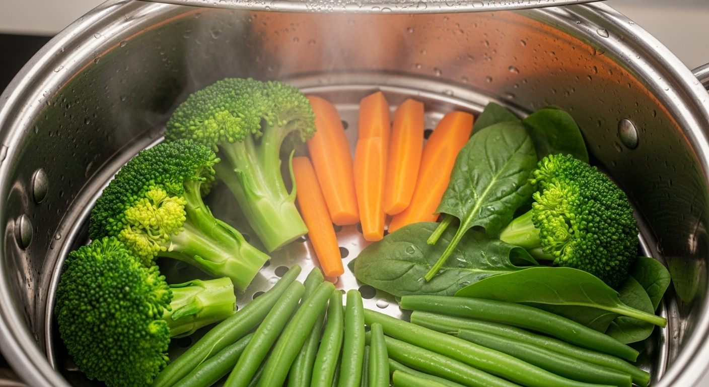 Vegetables being steamed in a pot
