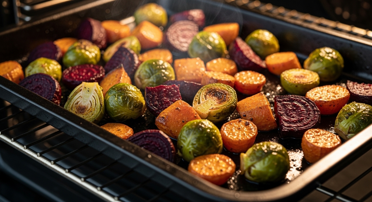 Roasted vegetables in an oven tray