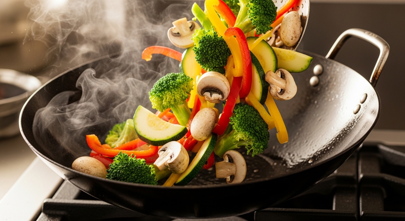 Colorful vegetables being stir-fried in a pan