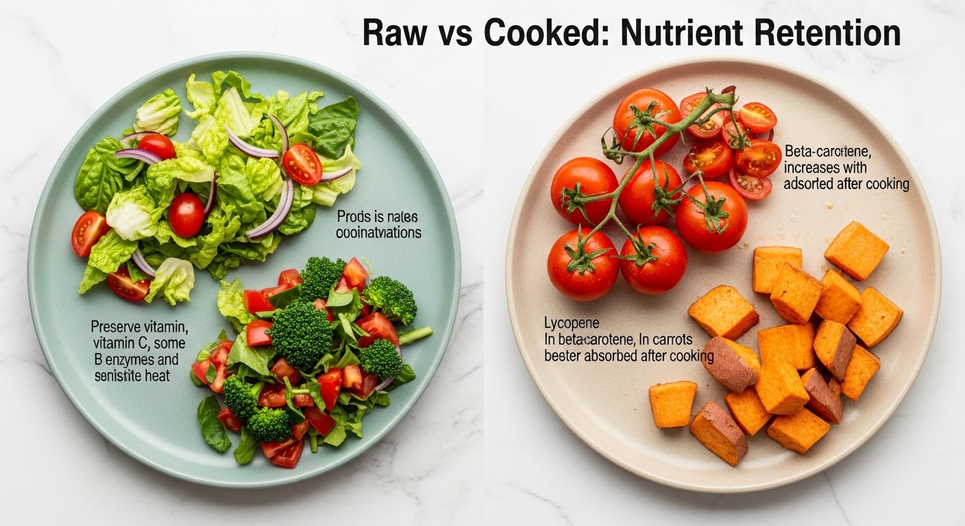 Comparison of raw and cooked vegetables on a plate