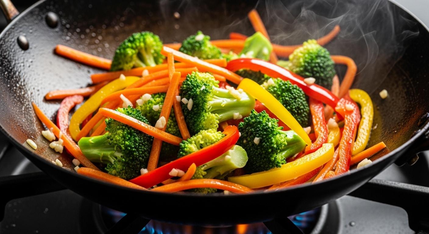 Stir-fried vegetables in a wok