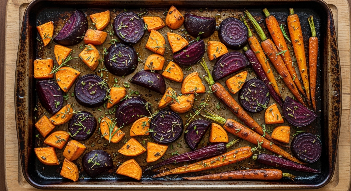 Tray of roasted carrots, sweet potatoes, and beets