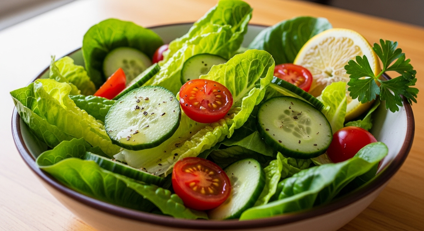 Bowl of fresh green salad with tomatoes and cucumbers