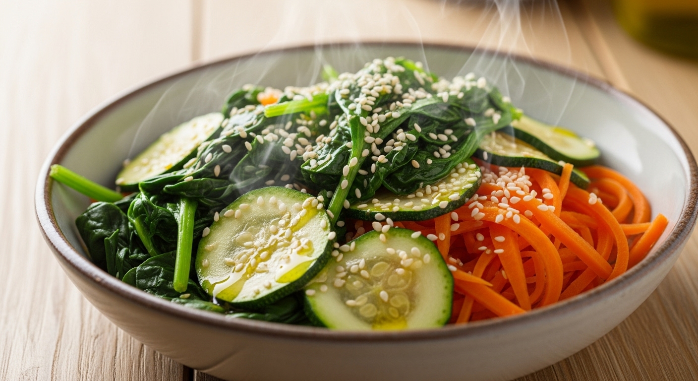 Bowl of steamed vegetables with sesame seeds