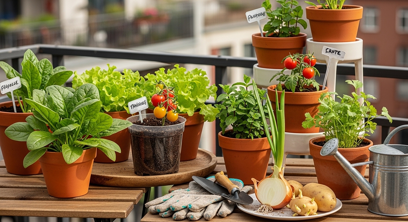 Small pots with home-grown vegetables and herbs