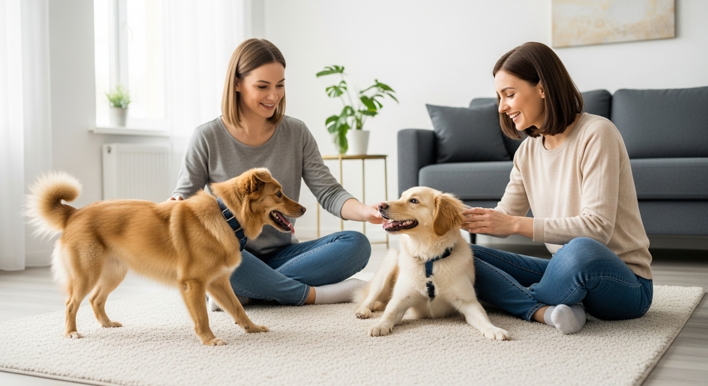 Family and pets playing together